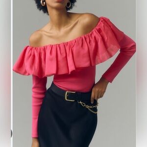 Anthropologie Off the Shoulder Organza Ruffle top hot pink